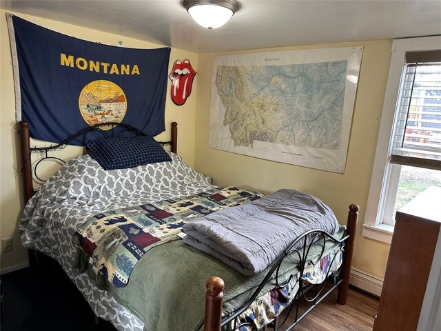 bedroom with hardwood / wood-style floors and a baseboard heating unit