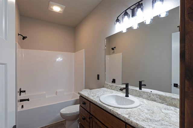 bathroom featuring toilet, shower / bath combination, and vanity