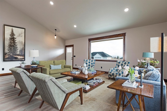 living area with lofted ceiling, baseboards, recessed lighting, and wood finished floors