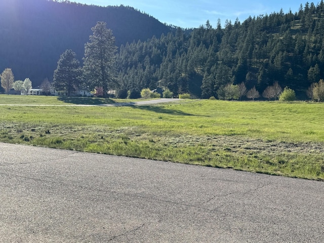 view of mountain background with a heavily wooded area and rural landscape