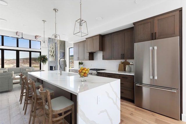 kitchen with decorative light fixtures, a center island with sink, stainless steel appliances, sink, and light wood-type flooring