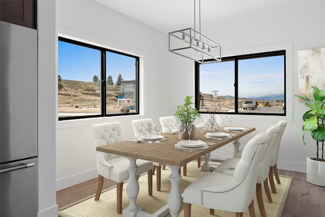 dining space with an inviting chandelier, plenty of natural light, and wood-type flooring