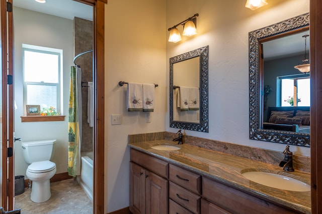 full bathroom with vanity, toilet, tile patterned floors, and shower / bathtub combination with curtain