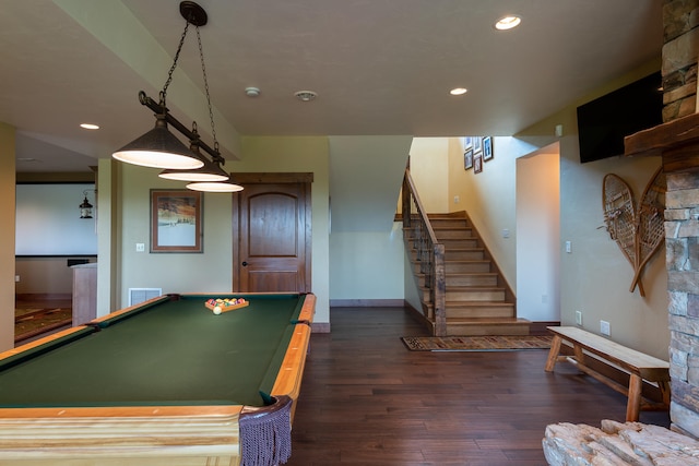 rec room with billiards and dark hardwood / wood-style floors