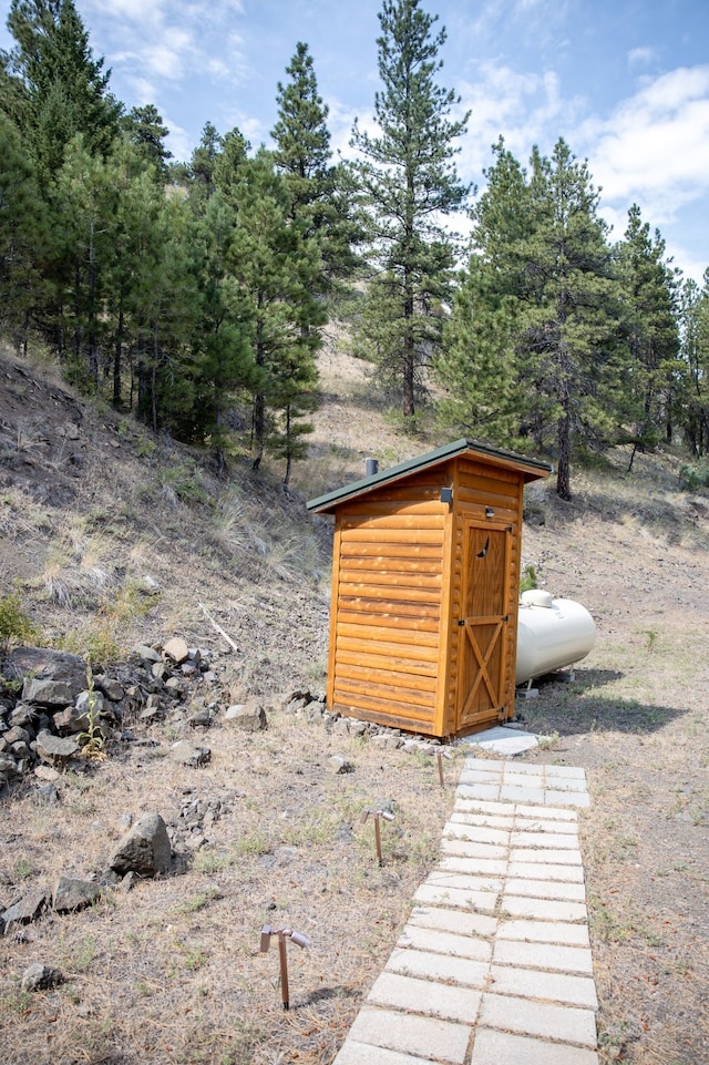 view of yard featuring a storage unit