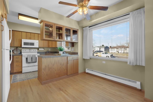 kitchen with white appliances, kitchen peninsula, ceiling fan, light hardwood / wood-style floors, and a baseboard heating unit