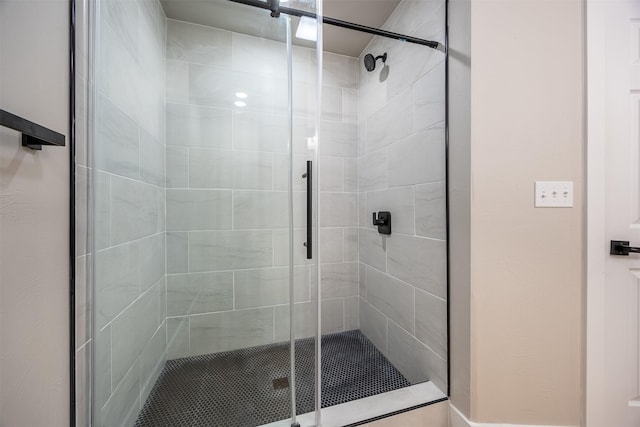 bathroom featuring a shower with shower door