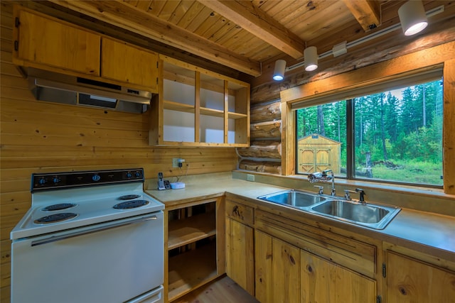 kitchen with ventilation hood, light wood-type flooring, beamed ceiling, sink, and electric stove