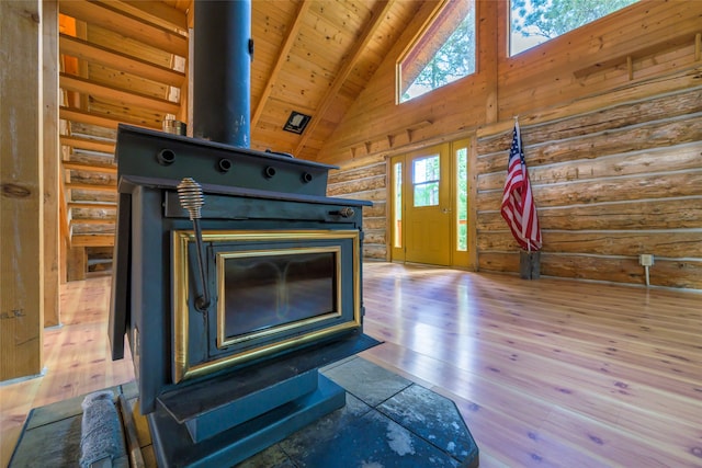 interior details featuring wood ceiling, wood-type flooring, beam ceiling, and a wood stove