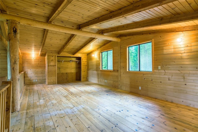 additional living space featuring light wood-type flooring, lofted ceiling with beams, wood walls, and wood ceiling