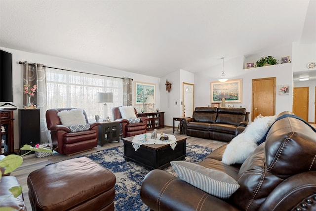 living room with vaulted ceiling and hardwood / wood-style flooring