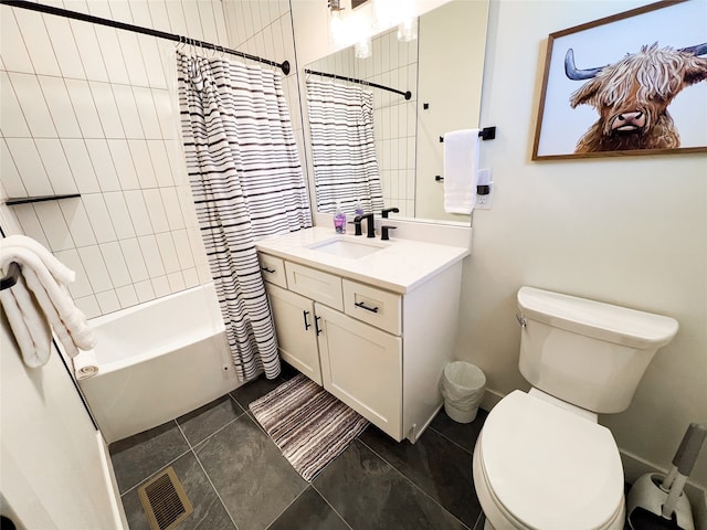 full bathroom featuring vanity, toilet, shower / bath combination with curtain, and tile patterned floors