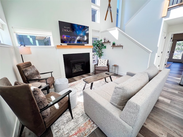 living room with a towering ceiling and hardwood / wood-style floors