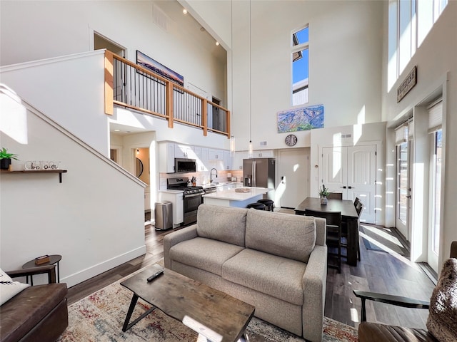 living room with a high ceiling, dark hardwood / wood-style floors, and sink