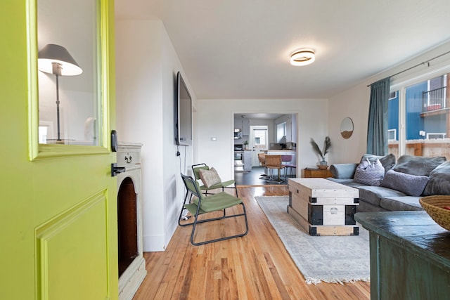 living room featuring a wealth of natural light and light hardwood / wood-style flooring