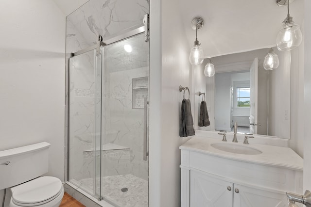 bathroom with walk in shower, vanity, and toilet