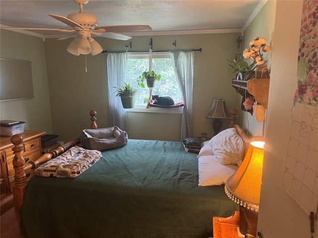 bedroom with ceiling fan and ornamental molding