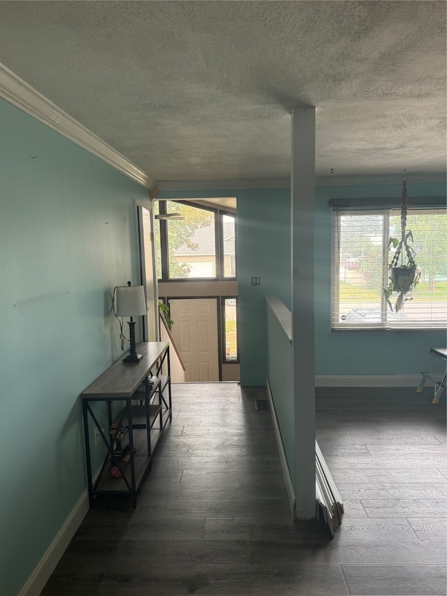 hall featuring a textured ceiling, dark hardwood / wood-style flooring, a wealth of natural light, and crown molding