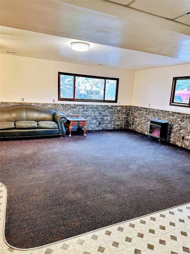 interior space featuring a wood stove and carpet