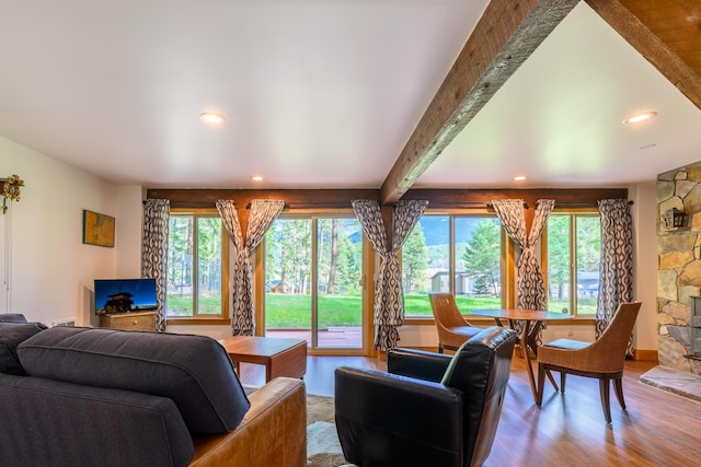 346 Crystal Lakes Dr, Eureka, MT 59917 - living room featuring wood finished floors, recessed lighting, and beam ceiling
