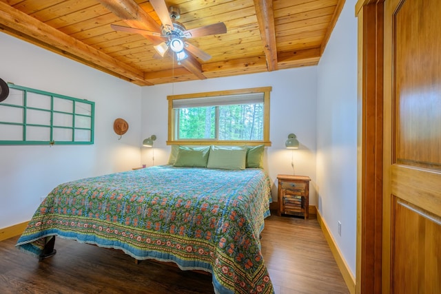 bedroom with wood-type flooring, wood ceiling, and ceiling fan