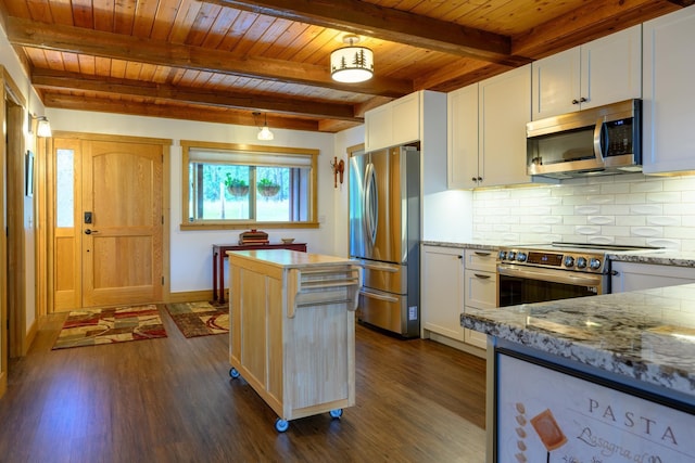 346 Crystal Lakes Dr, Eureka, MT 59917 - kitchen featuring appliances with stainless steel finishes, wood ceiling, dark wood finished floors, white cabinetry, and a center island