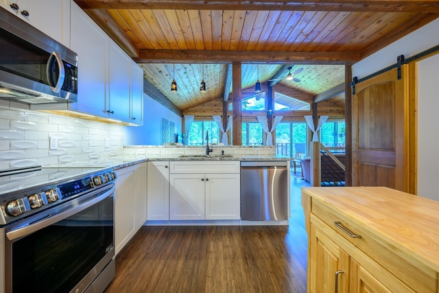 346 Crystal Lakes Dr, Eureka, MT 59917 - kitchen with stainless steel appliances, a sink, dark wood finished floors, wood ceiling, and backsplash
