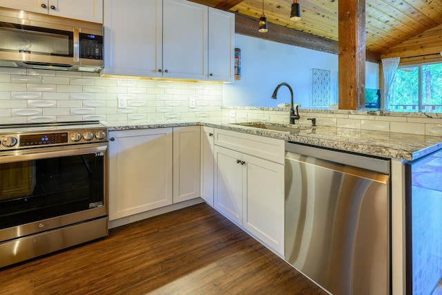 346 Crystal Lakes Dr, Eureka, MT 59917 - kitchen with appliances with stainless steel finishes, a sink, wooden ceiling, white cabinets, and tasteful backsplash