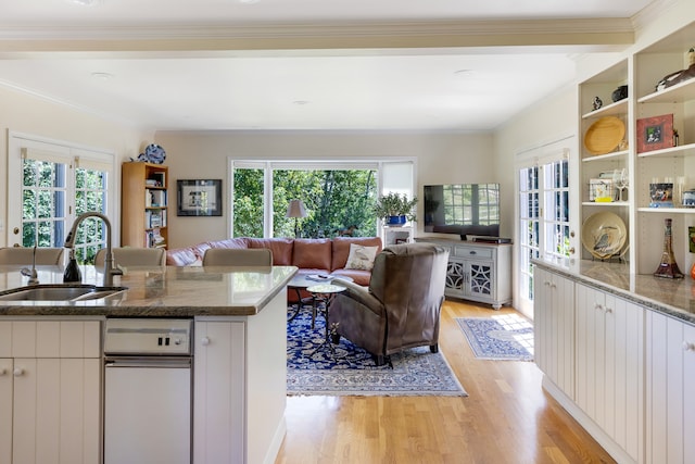 living room with ornamental molding, light hardwood / wood-style floors, and sink