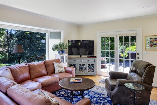 living room with light wood-type flooring, plenty of natural light, and ornamental molding