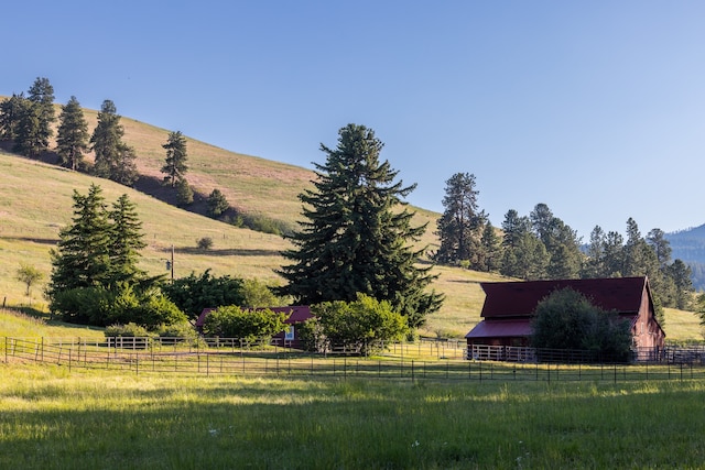 view of yard with a mountain view and a rural view