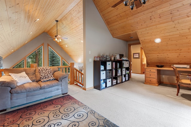 carpeted living room featuring wood ceiling, ceiling fan, lofted ceiling, and built in desk