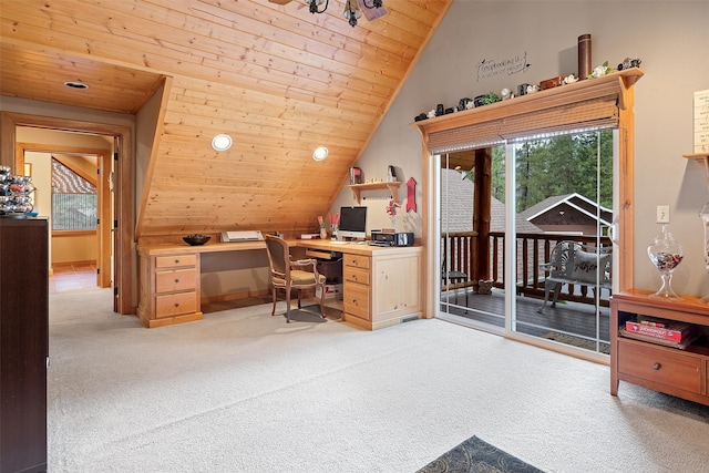 carpeted home office featuring vaulted ceiling and wooden ceiling