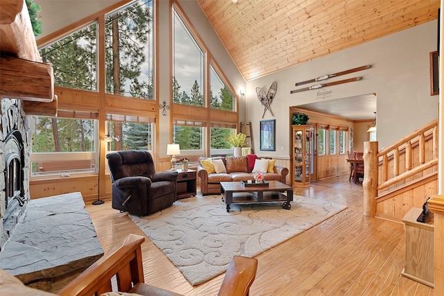 living room featuring wood ceiling, a wealth of natural light, light hardwood / wood-style flooring, and high vaulted ceiling