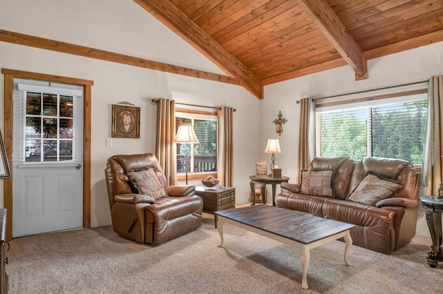 living room with lofted ceiling with beams, wood ceiling, and carpet floors