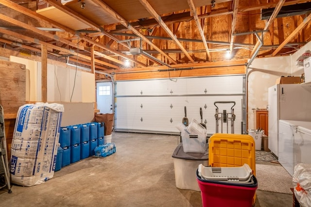 garage with white fridge