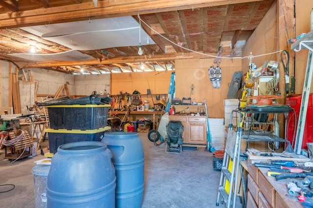 interior space featuring a workshop area