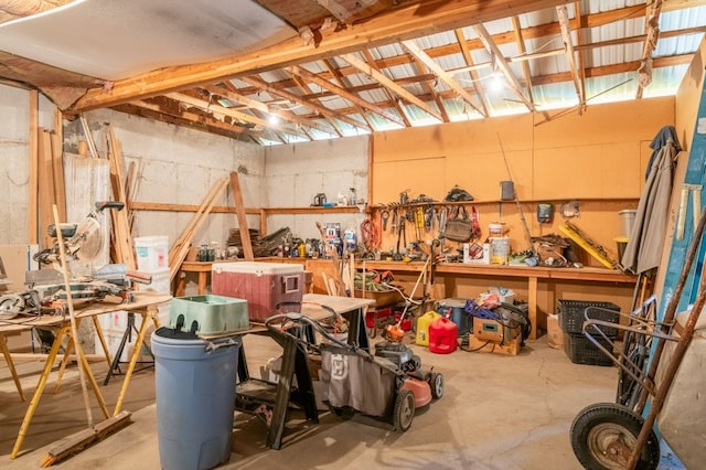 interior space featuring a workshop area