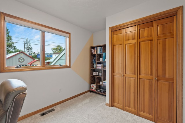 bedroom featuring a closet and light colored carpet