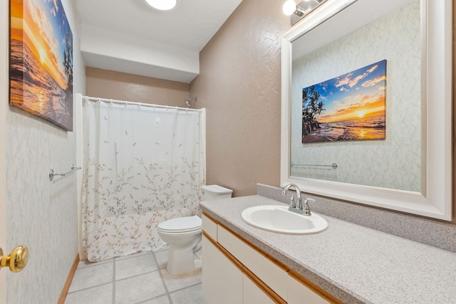 full bathroom featuring vanity, toilet, shower / bath combo, and tile patterned floors