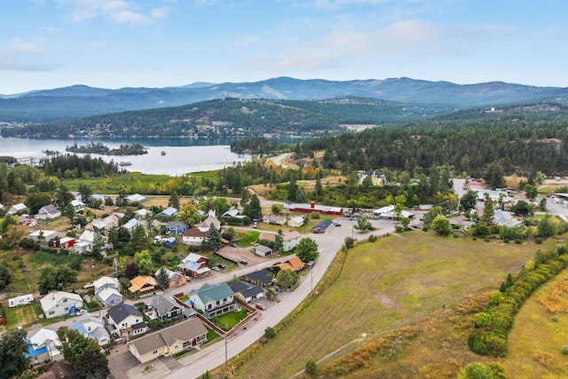 birds eye view of property featuring a water and mountain view