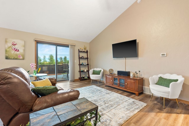 living room with hardwood / wood-style floors and high vaulted ceiling