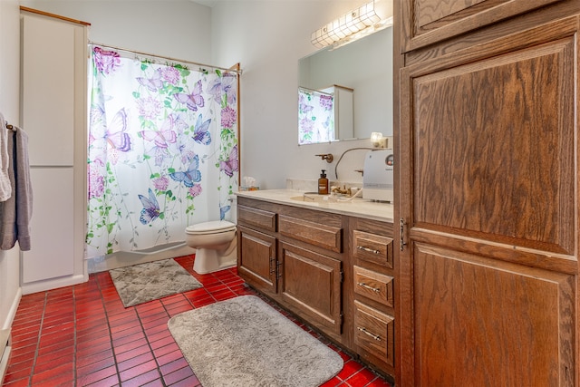 bathroom featuring toilet, shower / tub combo, tile patterned floors, and vanity