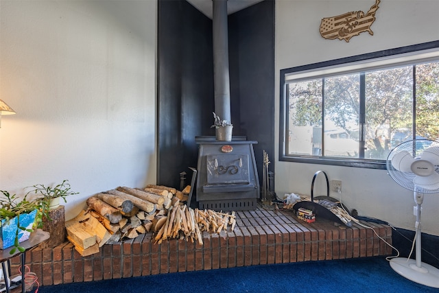 details with carpet flooring and a wood stove