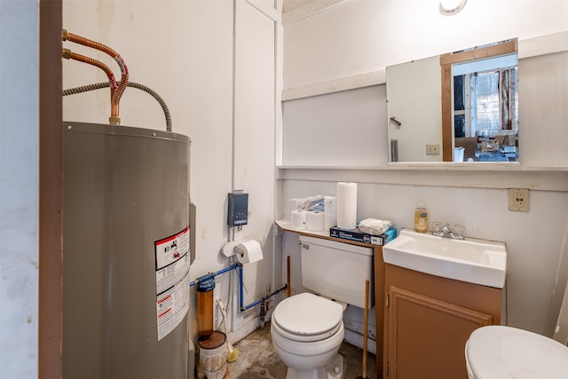 half bath featuring water heater, vanity, and toilet