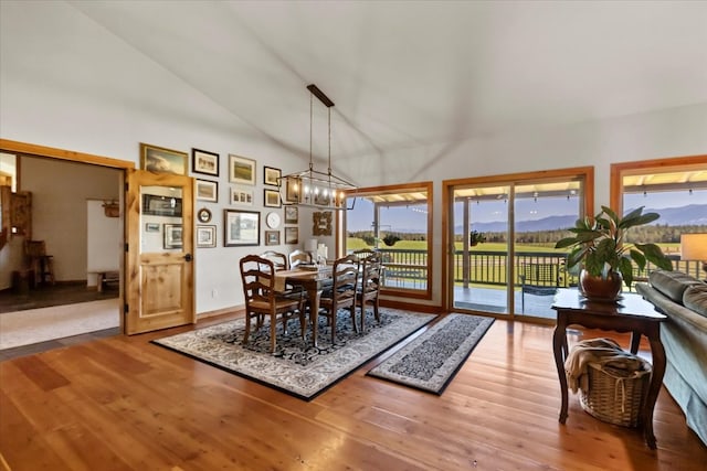 dining room featuring a chandelier, wood-type flooring, high vaulted ceiling, and a wealth of natural light