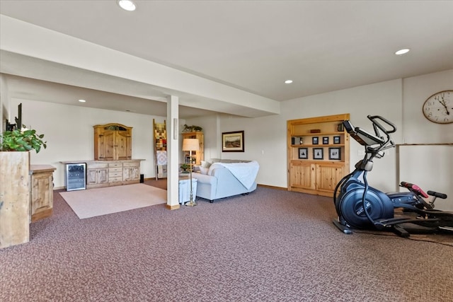 workout area with wine cooler and carpet