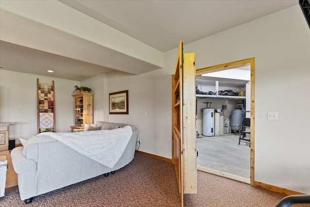 bedroom featuring dark colored carpet and electric water heater