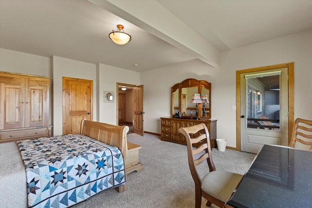 bedroom featuring beam ceiling and light carpet