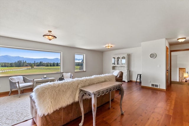 living room with a mountain view and dark hardwood / wood-style flooring